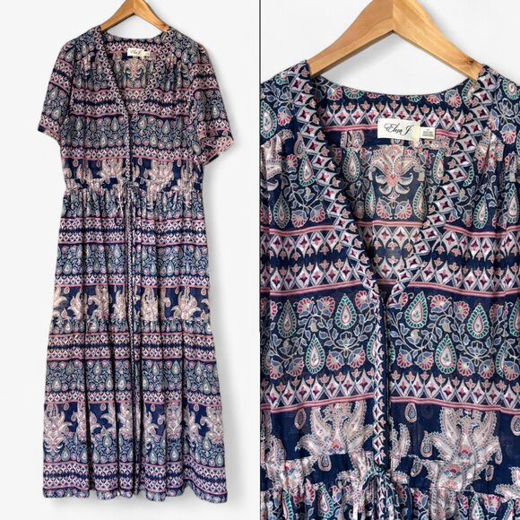 Eliza J Boho Maxi Cover-Up Dress with Paisley Print Size 14 Sheer Casual Beach - Picture 1 of 16